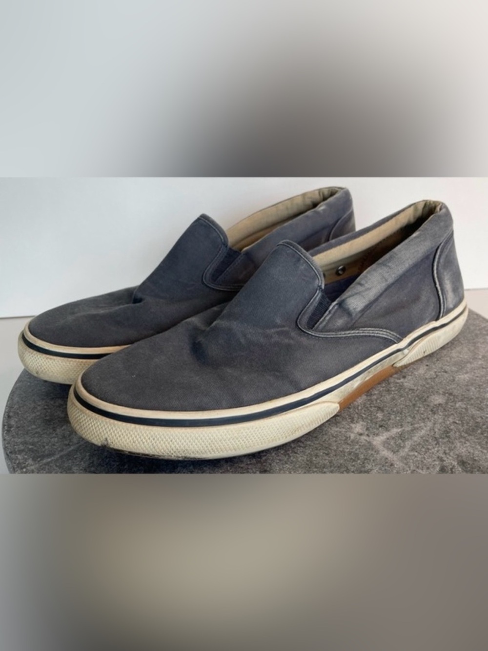 💛 Sperry Navy Blue Canvas Slip On Shoes Loafers 8